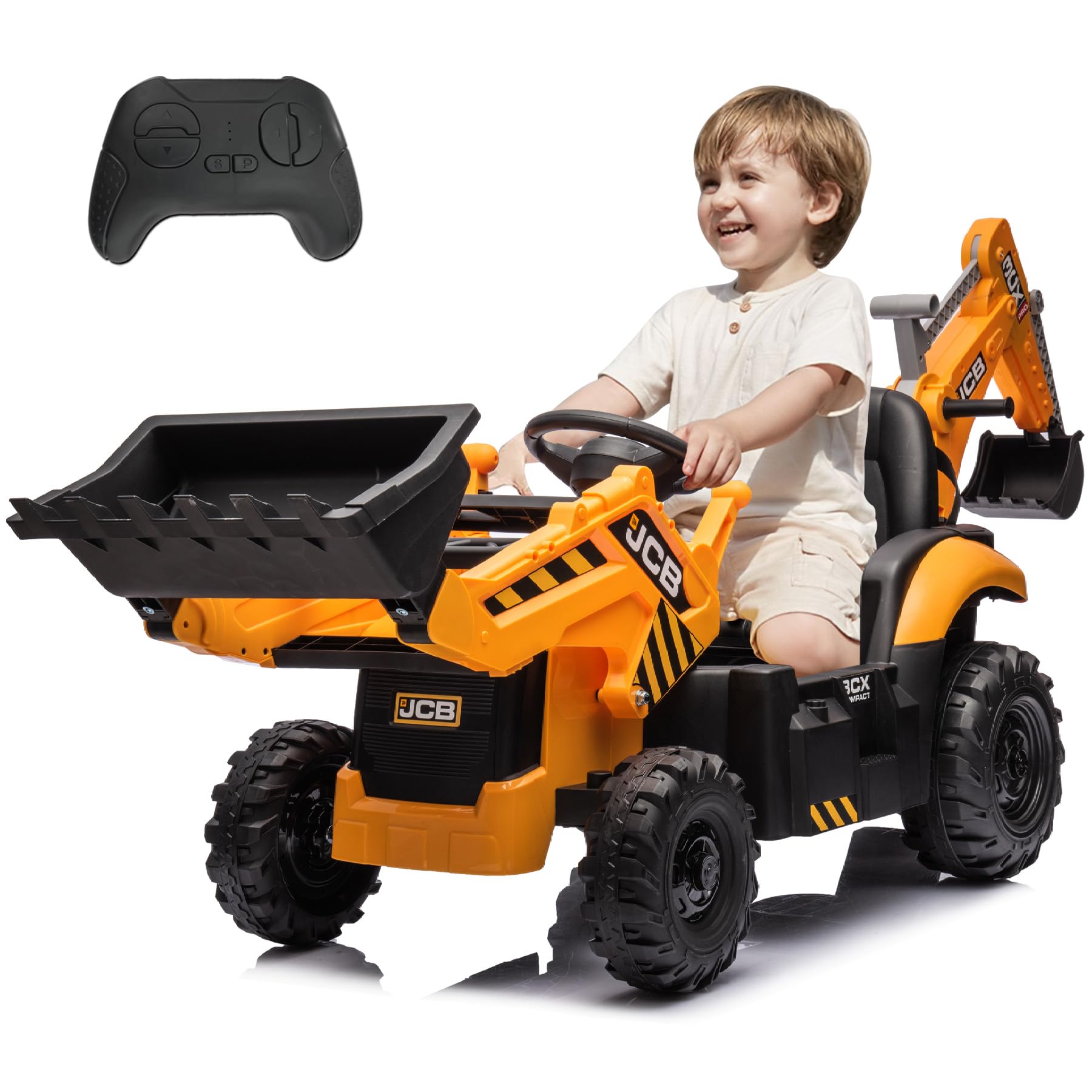 24V Jcb Ride On Excavator, Construction Electric Vehicle For Kids 3-8 With Tractor, Bulldozer, Digging Arm, Remote Control, Adju