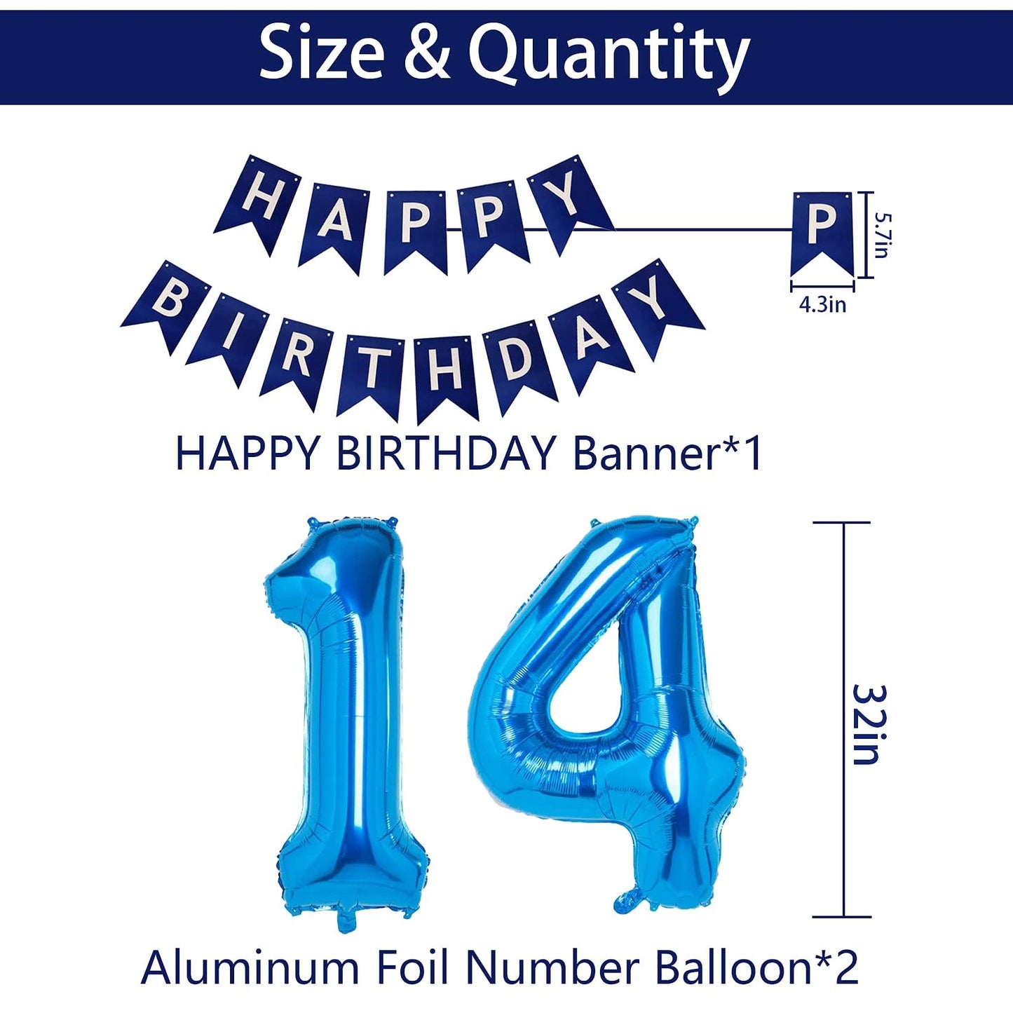 Naninuneno 14Th Blue Birthday Party Decorations For Boy Girl Men Women, Happy 14 Birthday Balloons Supplies With Happy Birthday