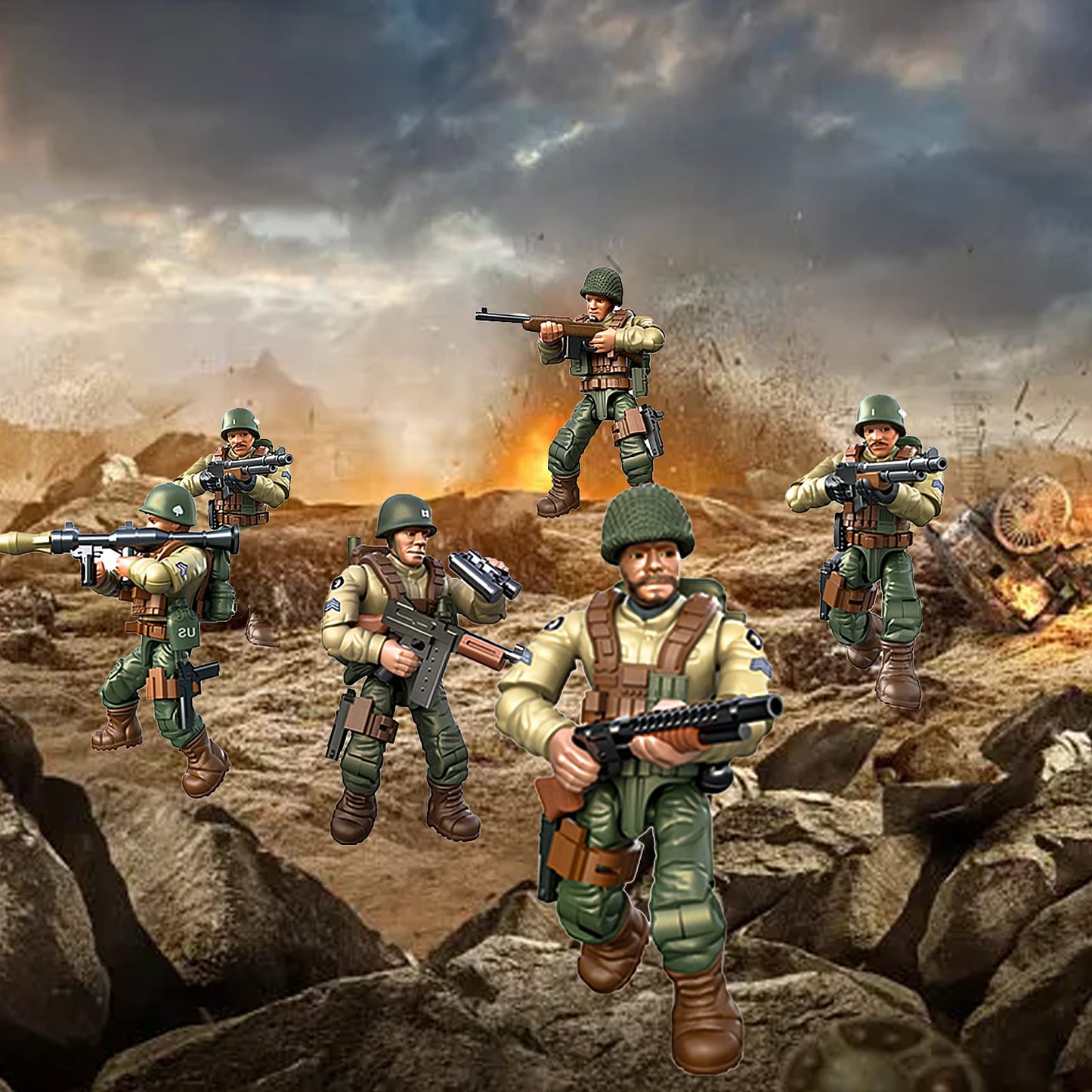 MEIEST 6 PCS Mini WWII Soldier Military Action Figures  Army Model Building Block Toys with Multiple Military  Accessories Party Favors Set for Kids (US Army)