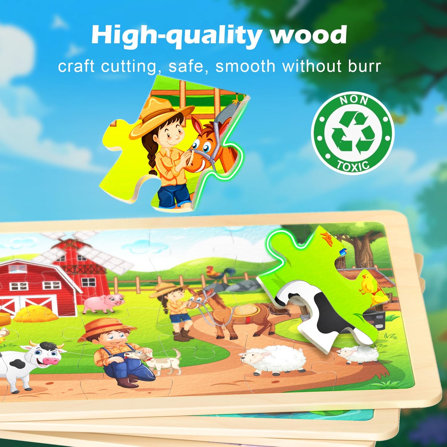 Tqu Wooden Puzzles Toys For Kids Ages 4-6 3-5, Set Of 4 Packs With 24-Piece, Farm, Zoo, Insects, Sea Animals Wood Jigsaw Puzzles