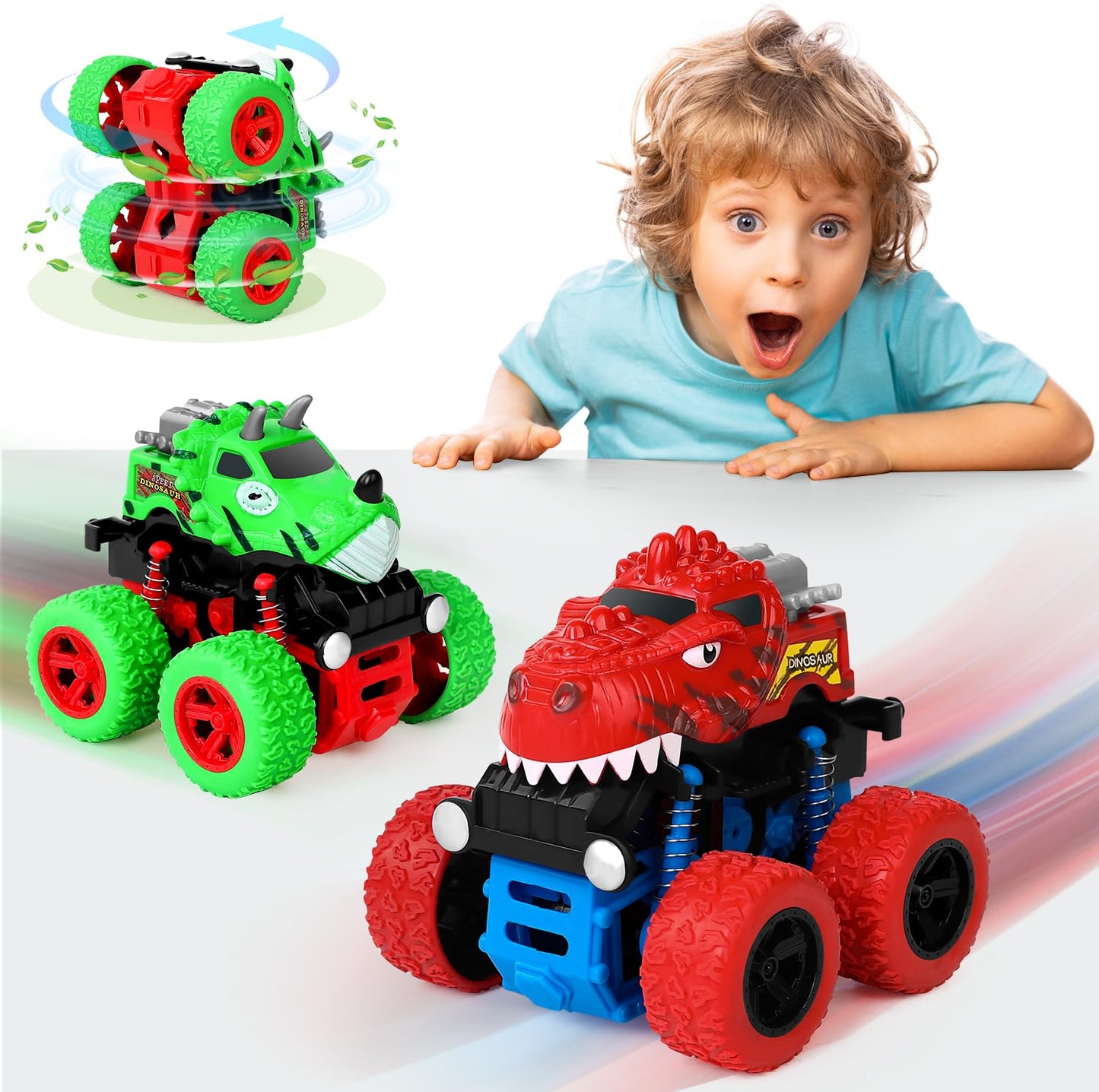 Awsogiff Dinosaur Toys For 3 4 5 Year Old Boys, 2 Pack Push & Pull Friction Powered Dinosaur Monster Truck, Dino Cars For Kids 3
