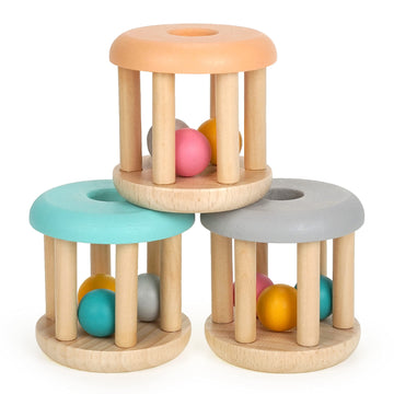 DUCKBOXX XX Montessori Infant Toys, Natural Wood Rolling Rattle Toy for Babies Ages 0m - 2yrs (White Base - 3pcs)