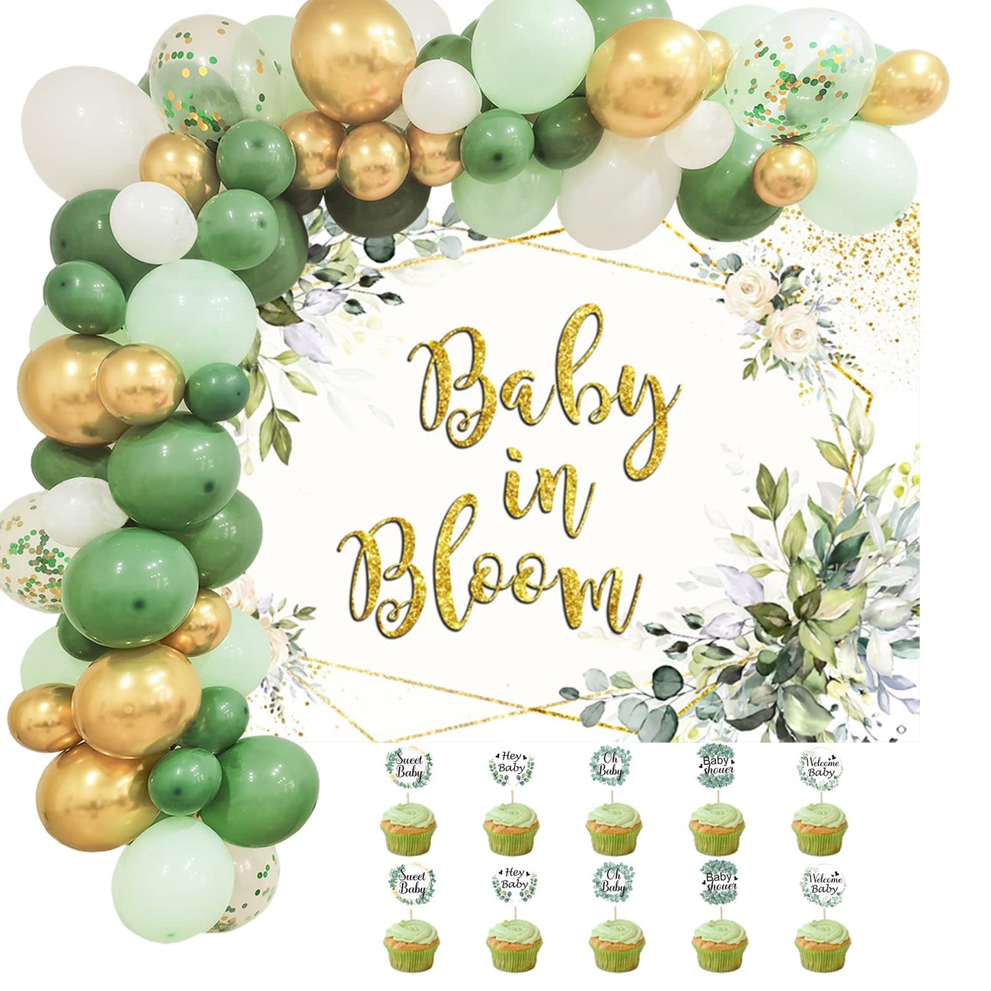 Sage Green Baby Shower Decorations For Boy Girl Sage Green Balloon Garland Kit,Baby In Bloom Backdrop Banner,Eucalyptus Cake Toppers,Greenery Olive Boho Rustic Gender Reveal Neutral Welcome Baby Party