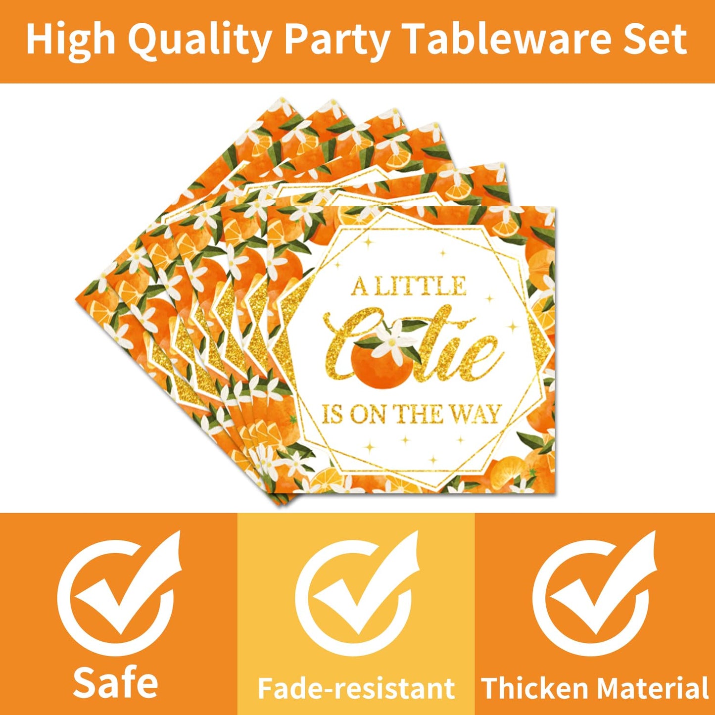 Little Cutie Baby Shower Decorations - 96PCS A Little Cutie Is on the Way Plates and Napkins Party Supplies Orange Tangerine Cit