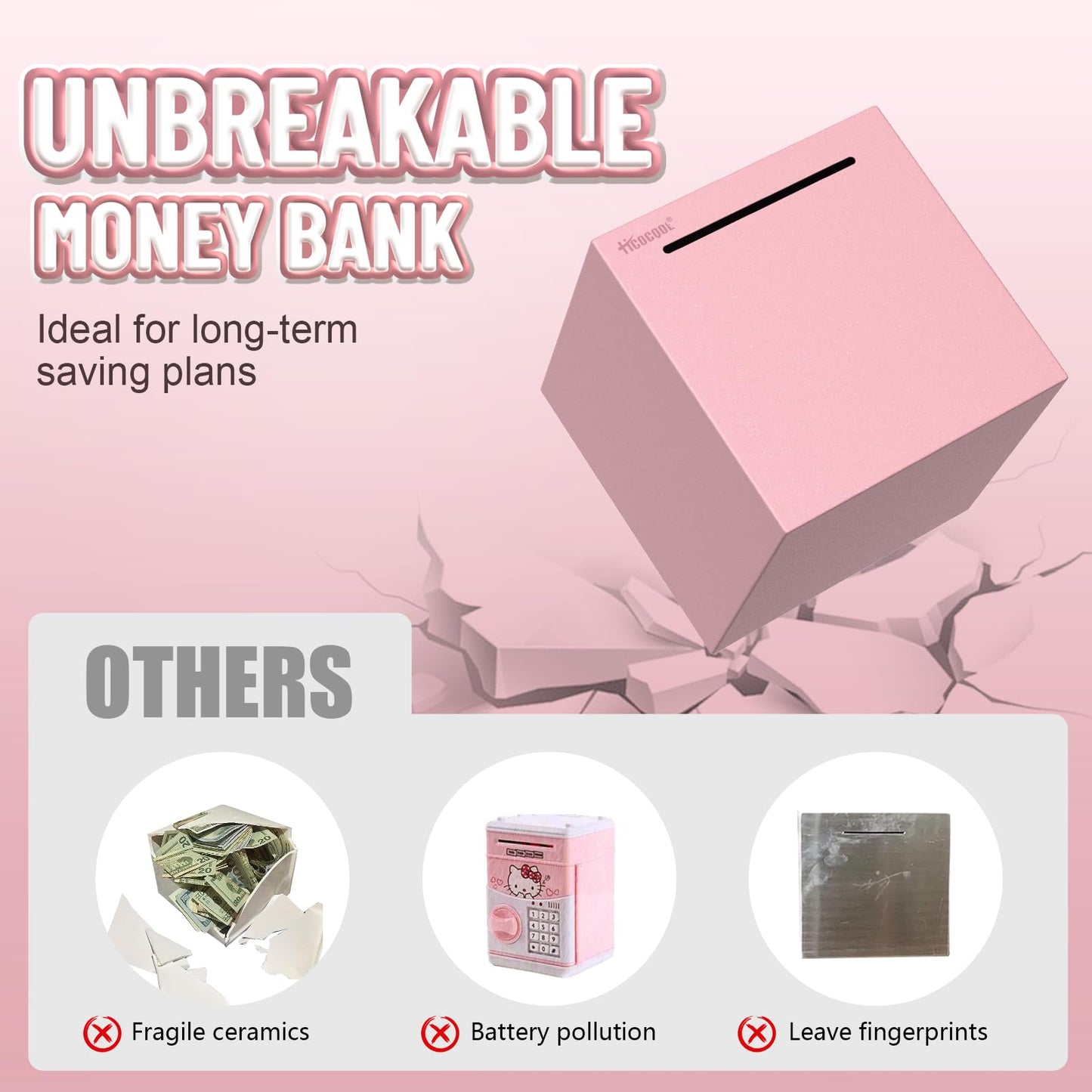Hicocool Piggy Bank For Adults Must Break To Open, Stainless Steel Money Saving Box (Pink, Palm Size)