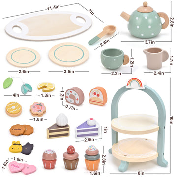 Atoylink Wooden Tea Party Set for Little Girls 28 Pcs Toddler Tea Set with Cupcake Stand & Food Pretend Play Accessories Kids Ki