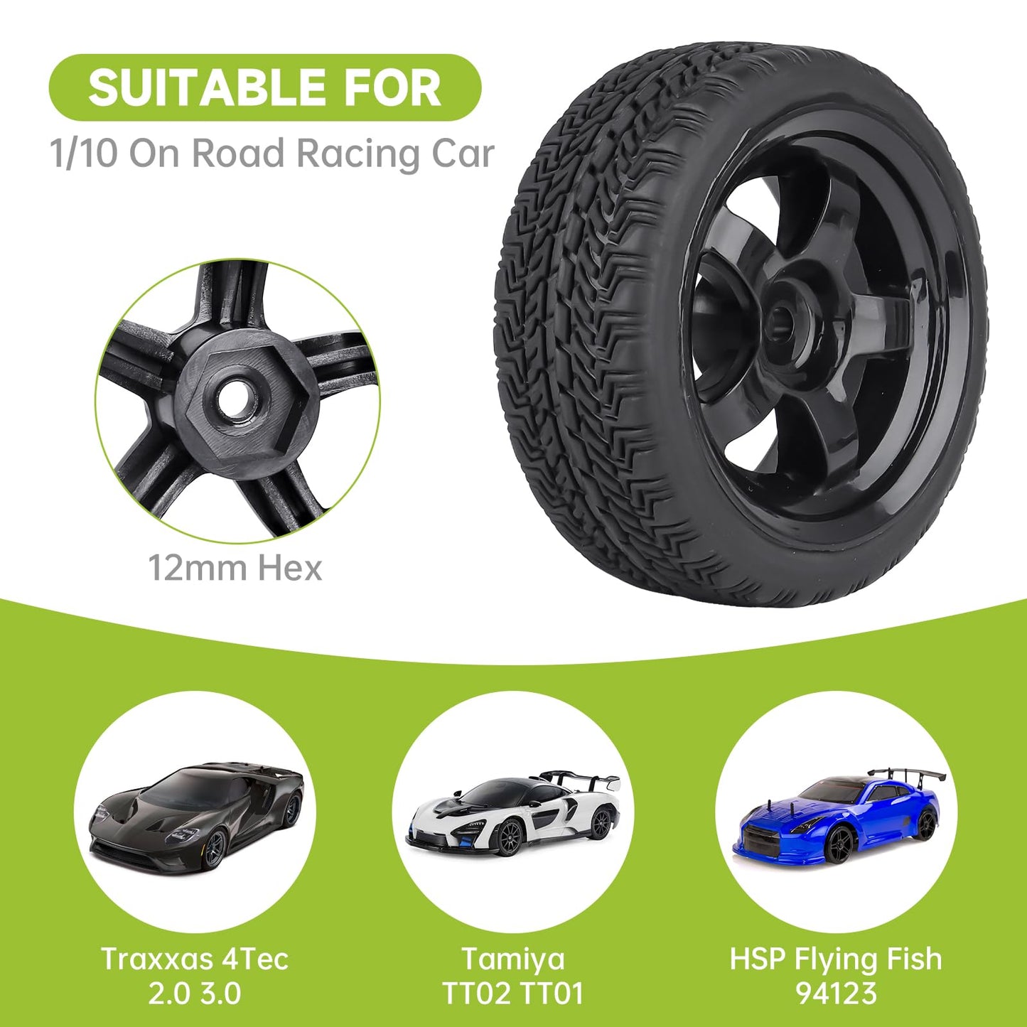 Hobbyfire Pre-Glued Od 2.6'' 12Mm Hex Wheels Rims And Rubber Tires For Traxxas Tamiya Hpi Hsp Redcat Rc 1/10 On Road Racing Car,