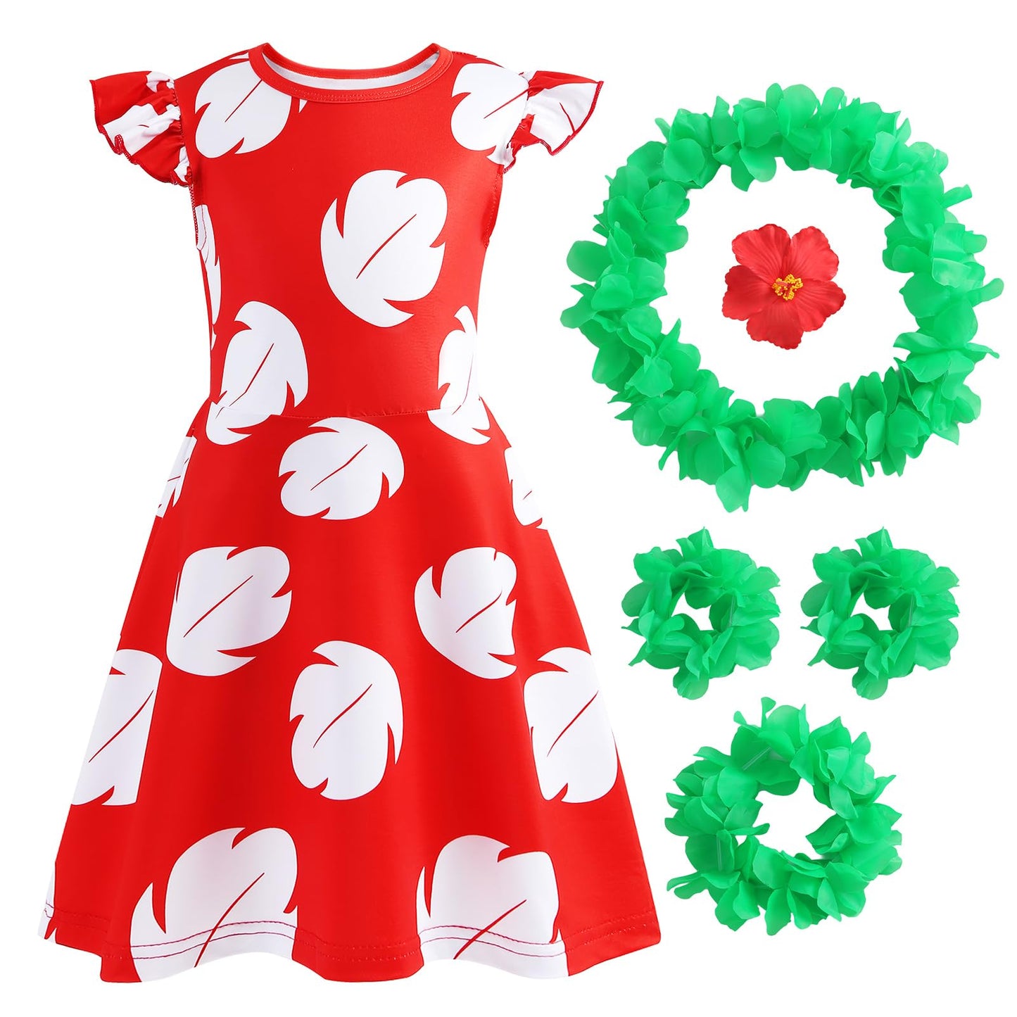 Hawaiian Little Girls Costume Dress With 4 Pcs Luau Flower Leis Accessories Set Red Flower Hair Clips Toddler Halloween Party Co