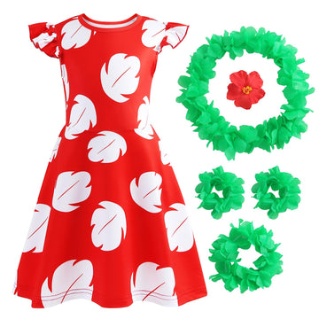 Hawaiian Little Girls Costume Dress With 4 Pcs Luau Flower Leis Accessories Set Red Flower Hair Clips Toddler Halloween Party Co