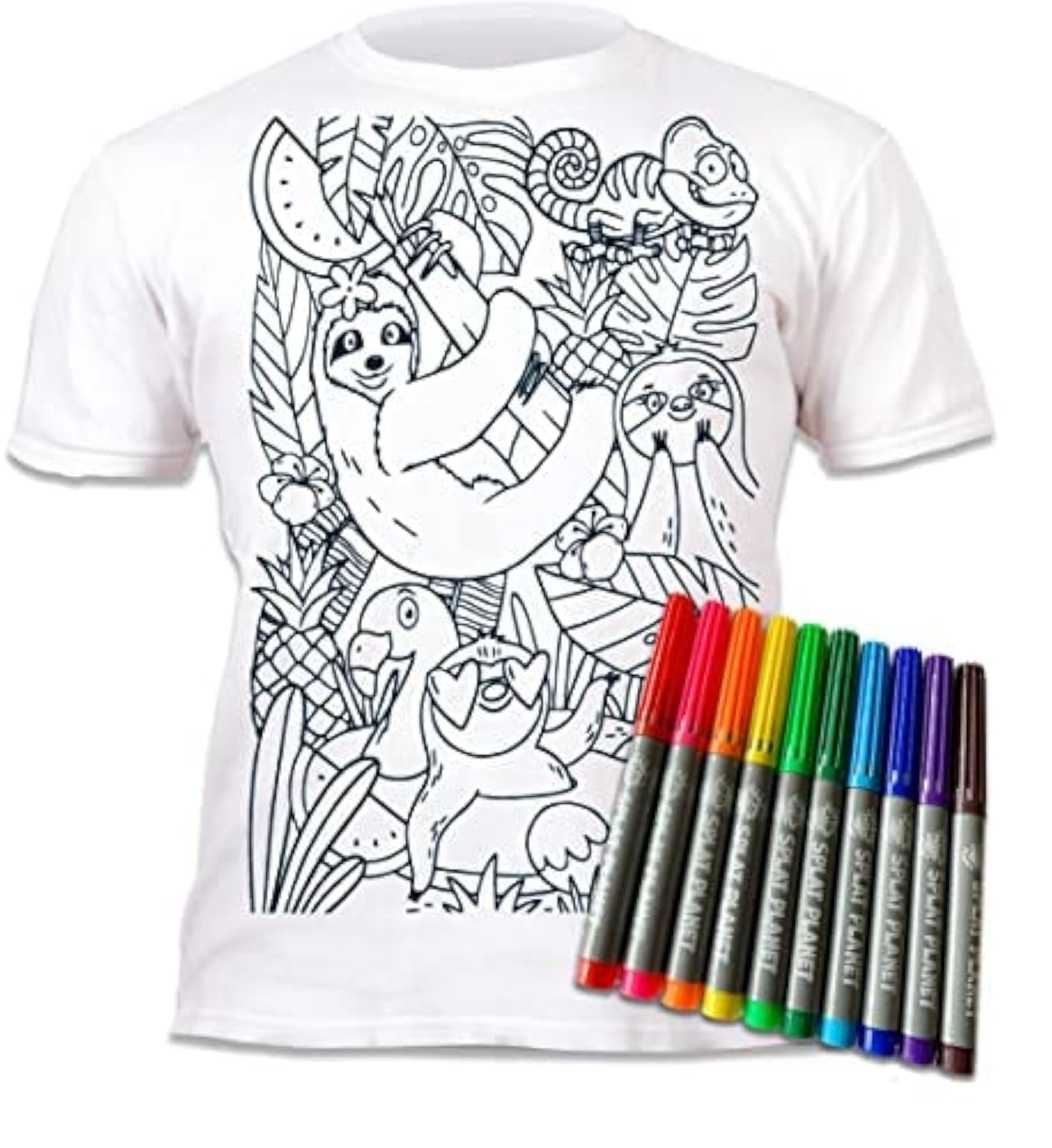 Splat Planet Color-in Sloth Jungle T-Shirt with 10 Non-Toxic Washable Magic Pens - Color in and Wash Out T-Shirt (9-11 Years) Wh