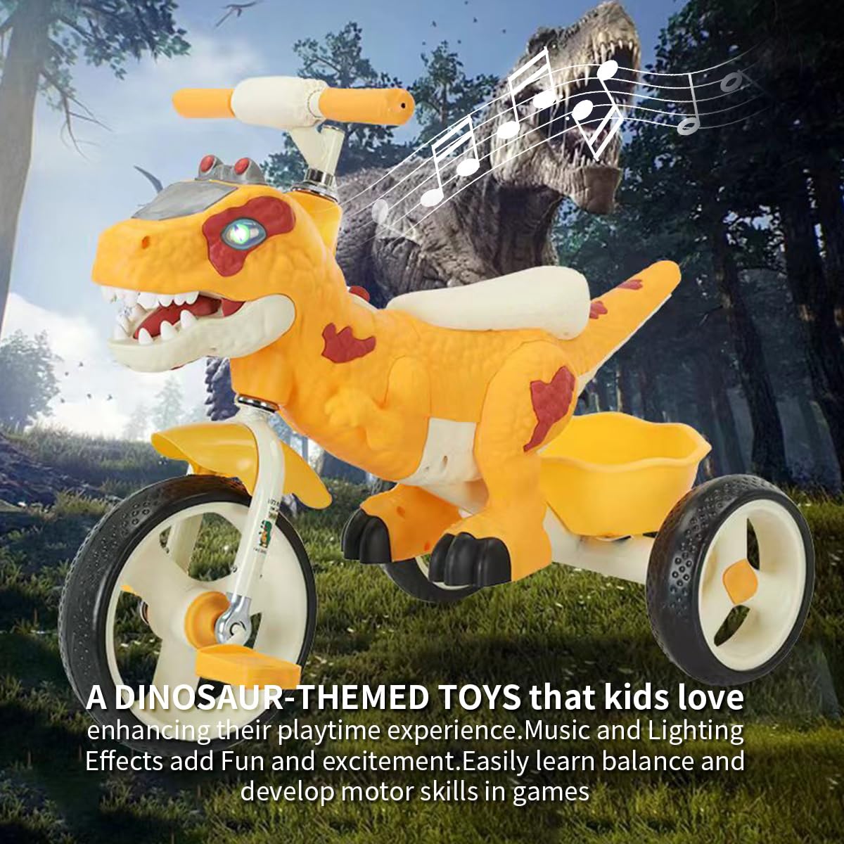 VIZZTY Dinosaur Kids Tricycle - Medium Orange Plastic Bike with Music & Storage Basket for Toddlers 3-7 Years Old