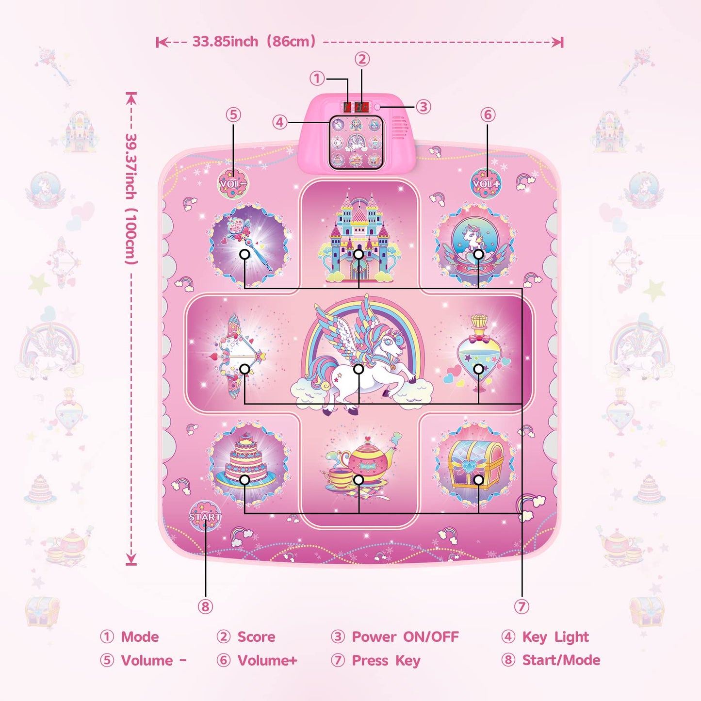 GirlsHome Dance Mat - Unicorn Electronic Dance Pad with 5 Game Modes, LED Lights, Medium, Multi-color, Model Fantasy 9