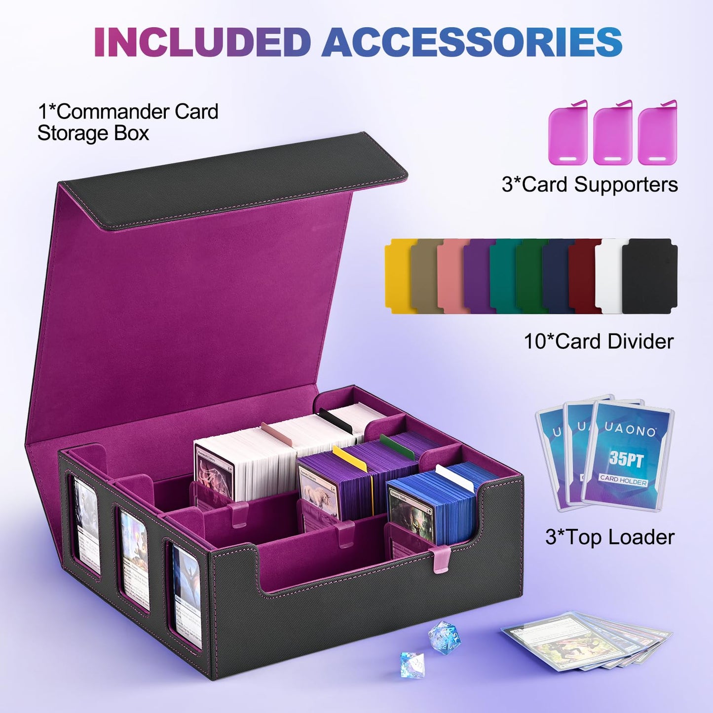 Uaono Card Storage Box For Trading Cards, 1800+ Commander Deck Box For Mtg With Display Window, Toploader Card Case Fits Magic Tcg Ptcg Sports Cards; 10 Removable Divider, 3 Stoppers (Black, Purple)
