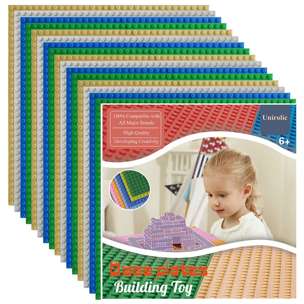 Unirolic 16-Pack Classic Baseplates, 32 * 32 Building Boards Compatible With All Major Brands, Building Plates For Building Bricks, Green/Grey/Sand/Blue