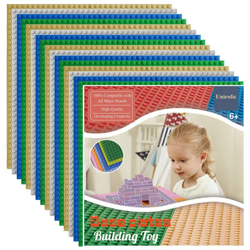 Unirolic 16-Pack Classic Baseplates, 32 * 32 Building Boards Compatible With All Major Brands, Building Plates For Building Bricks, Green/Grey/Sand/Blue