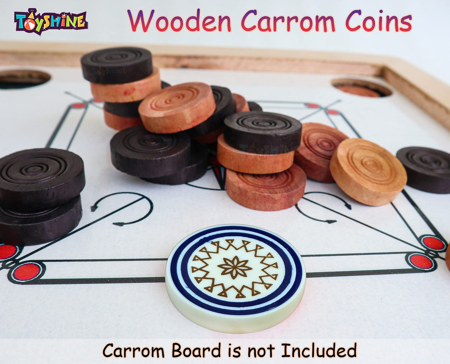 Toyshine Carrom Playing Coins And Powder For Kids And mature-themed| 24 Wooden Coins | 1 Striker | 1 Urea Powder Sstp Multicolor