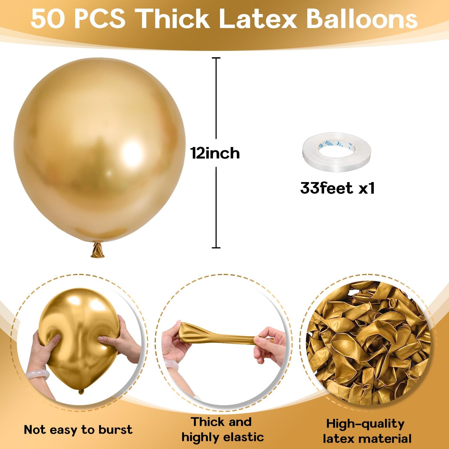 Jobkoo Gold Balloons 12 Inch, 50Pcs Metallic Gold Balloons Chrome Gold Metallic Balloon Golden Shiny Matte Gold Latex Balloons F