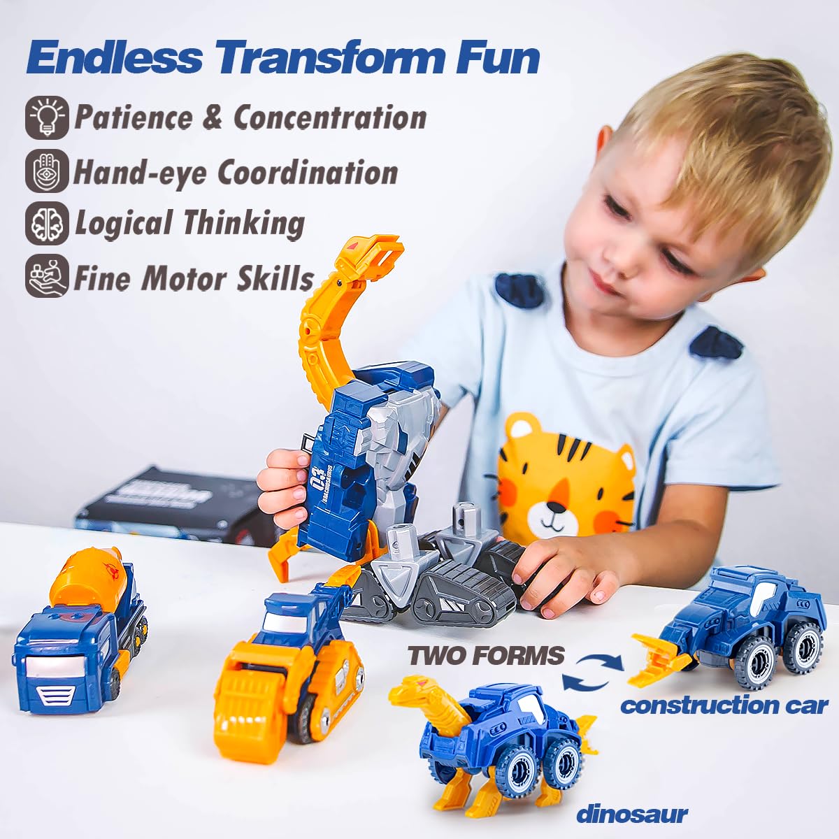 Construction Trucks Toy Dinosaur Vehicles Magnetic Set, 5-in-1 Educational STEM Building Car Kit, Transform to Big Robot, Holida