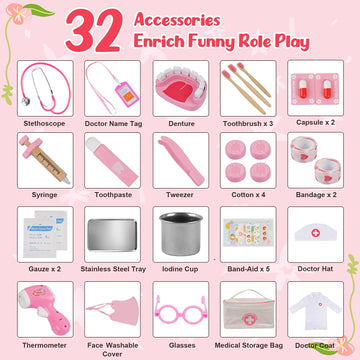 Efoshm Doctor Kit For Kids, 32 Pieces Toy Medical Kit With Stethoscope, Coat, Doctor Pretend Play Toy Set With Medical Storage B