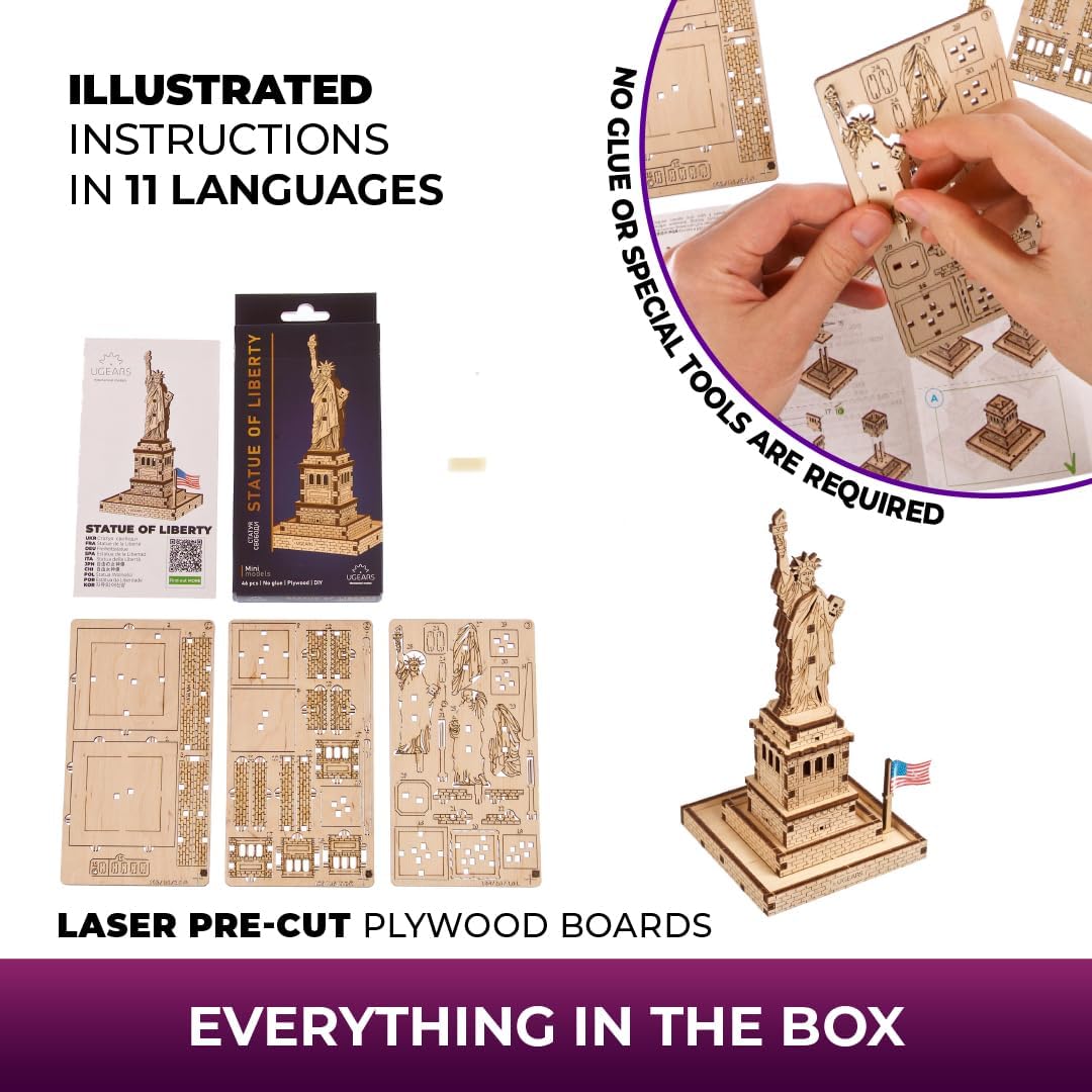 Ugears Wooden 3D Puzzles For Adults – 3D Puzzle Statue Of Liberty Model Kit Adult Crafts – Easy Wooden Puzzles For Adults – New York Landmark – Wooden Models For Adults To Build – 46 Pcs