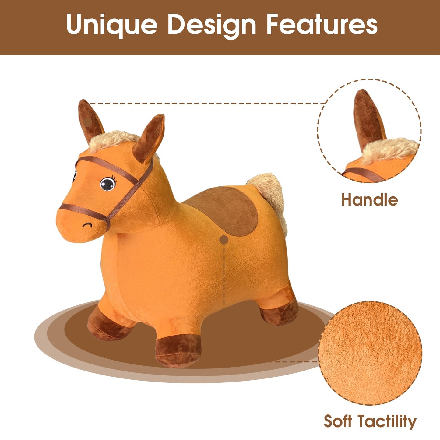 HotMax Brown Inflatable Hopping Horse Toy for Toddlers, Plush Bouncy Ride-On, Ideal Birthday Gift for 18 Months to 4 Years Old