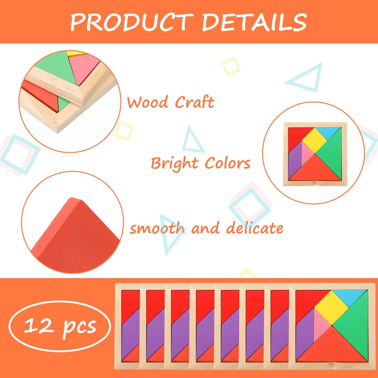 Meooeck Wooden Tangrams Puzzle, 12 Pieces - Portable, Educational Gifts For Kids Ages 4-8, Brain Logic Blocks For Manipulatives