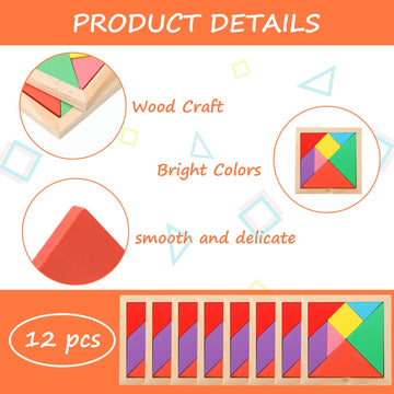 Meooeck Wooden Tangrams Puzzle, 12 Pieces - Portable, Educational Gifts For Kids Ages 4-8, Brain Logic Blocks For Manipulatives