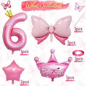Pink 6Th Birthday Decorations, Pink 6Th Birthday Balloon Set With 40 Inch Pink Number 6, Large Helium Foil Mylar Princess Crown Balloon, Pink Bow Foil Balloons For Girls Birthday Party Decoration
