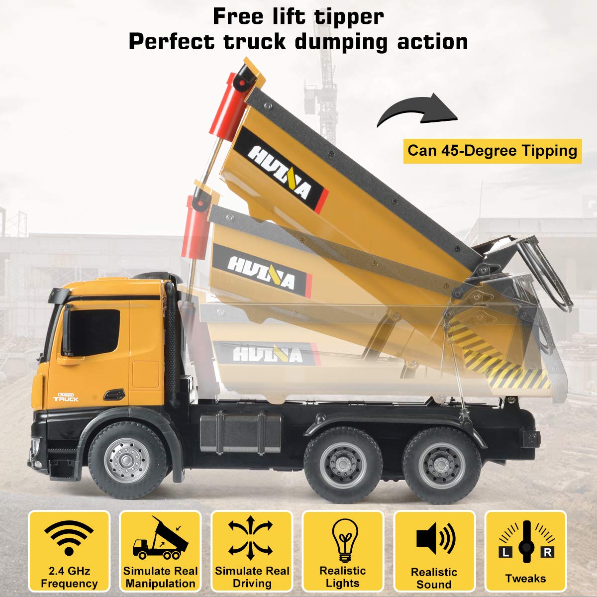 KidsFaves Remote Control Dump Truck Toy 15 LBS Load Capacity 1/14 Scale RC Truck Heavy Duty Metal Construction Vehicles RC Dump