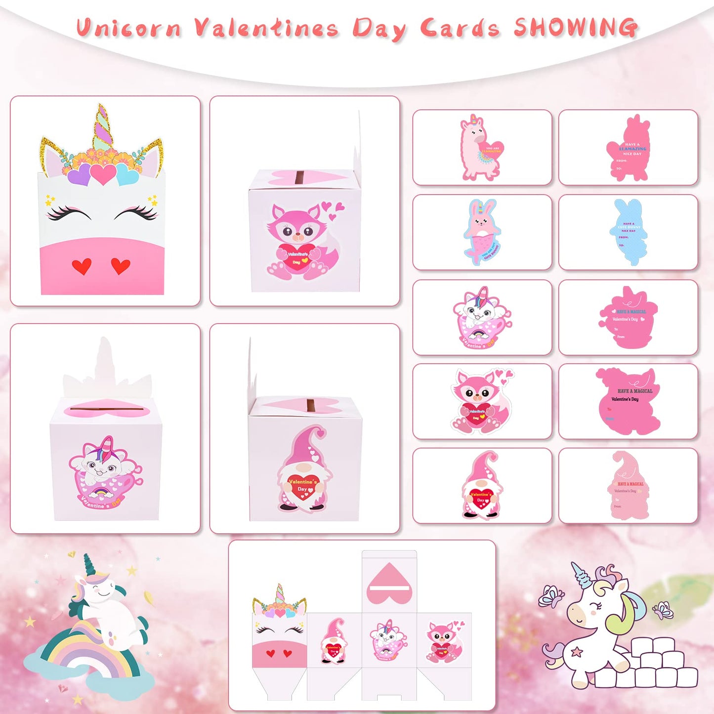 Myersmas Valentine Boxes 33 Pieces Unicorn Valentines Day Cards and Valentine Mailbox for Classroom Exchange Party Supplies (1 U