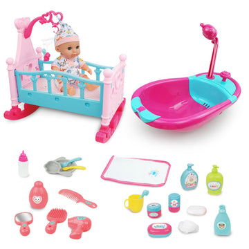 Redcrab 12' Baby Doll Toys Newborn Doll Bath And Bed Play Set - 2-In-1 Shaker And Bathtub With Shower Spray And 25Pcs Accessories For Girls Pretend Play,Toy Gift Set For 3+ Year Old Kids