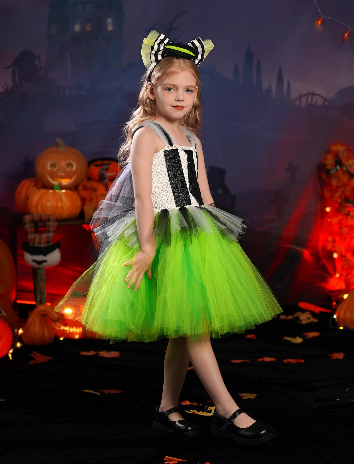 Obeeii Kids Girls Halloween Costume Black White Stripe Tulle Tutu Dress With Headband Set Carnival Fancy Dress Black-Green 6-7 Y