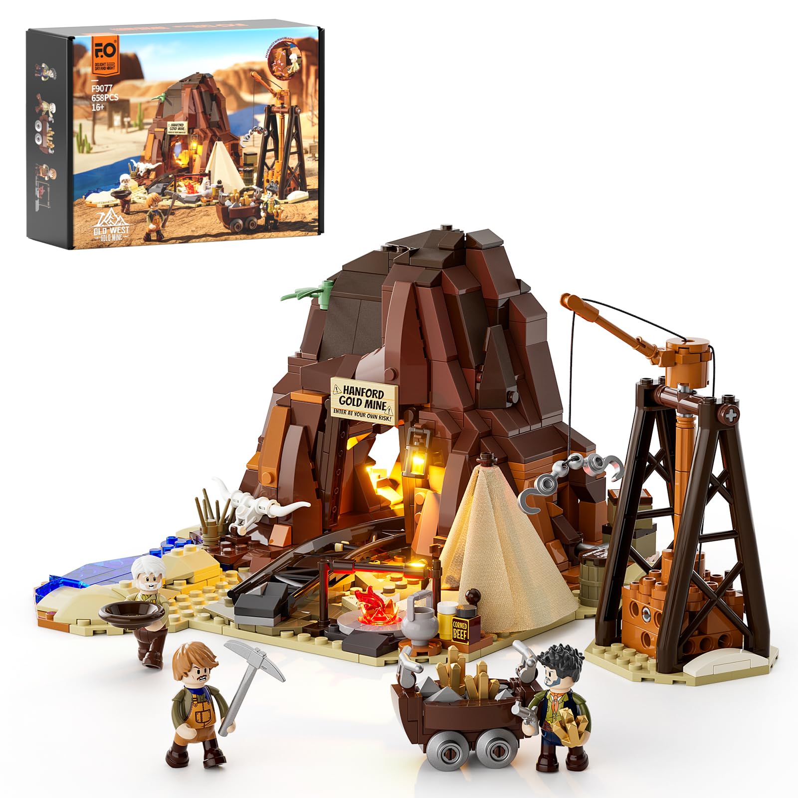 FUNWHOLE Wild West Gold Mine Lighting Building-Bricks Set - Western Prospectors Dig Entrance 658 Pcs Mining Playset for mature-themeds and West Lovers
