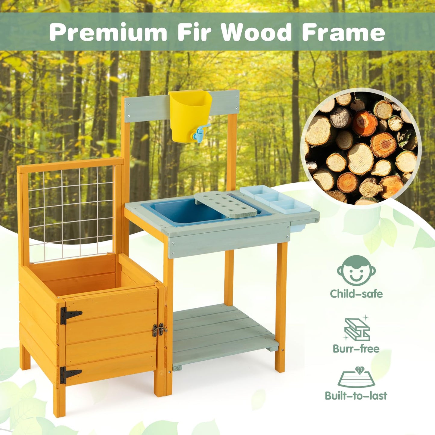 Honey Joy Kids Potting Bench Table, Fir Wood Outdoor Play Kitchen For Toddler, Transparent Root Viewer Window & Garden Trellis F