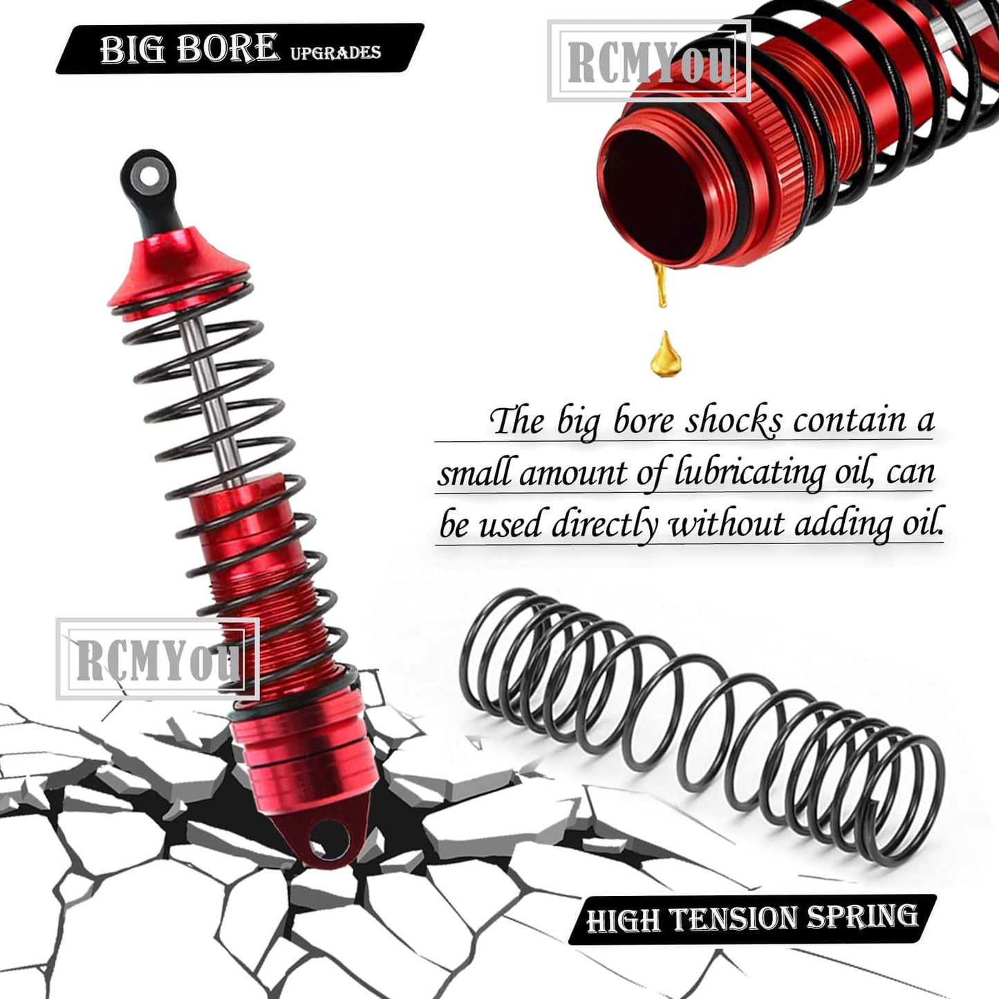 RCM-You RC Upgrade: Drive Shaft CVD Axles & Alloy Big Bore RC Shock Absorber Set for Slash, Rustler, Stampede, Hoss 4x4 VXL, Red