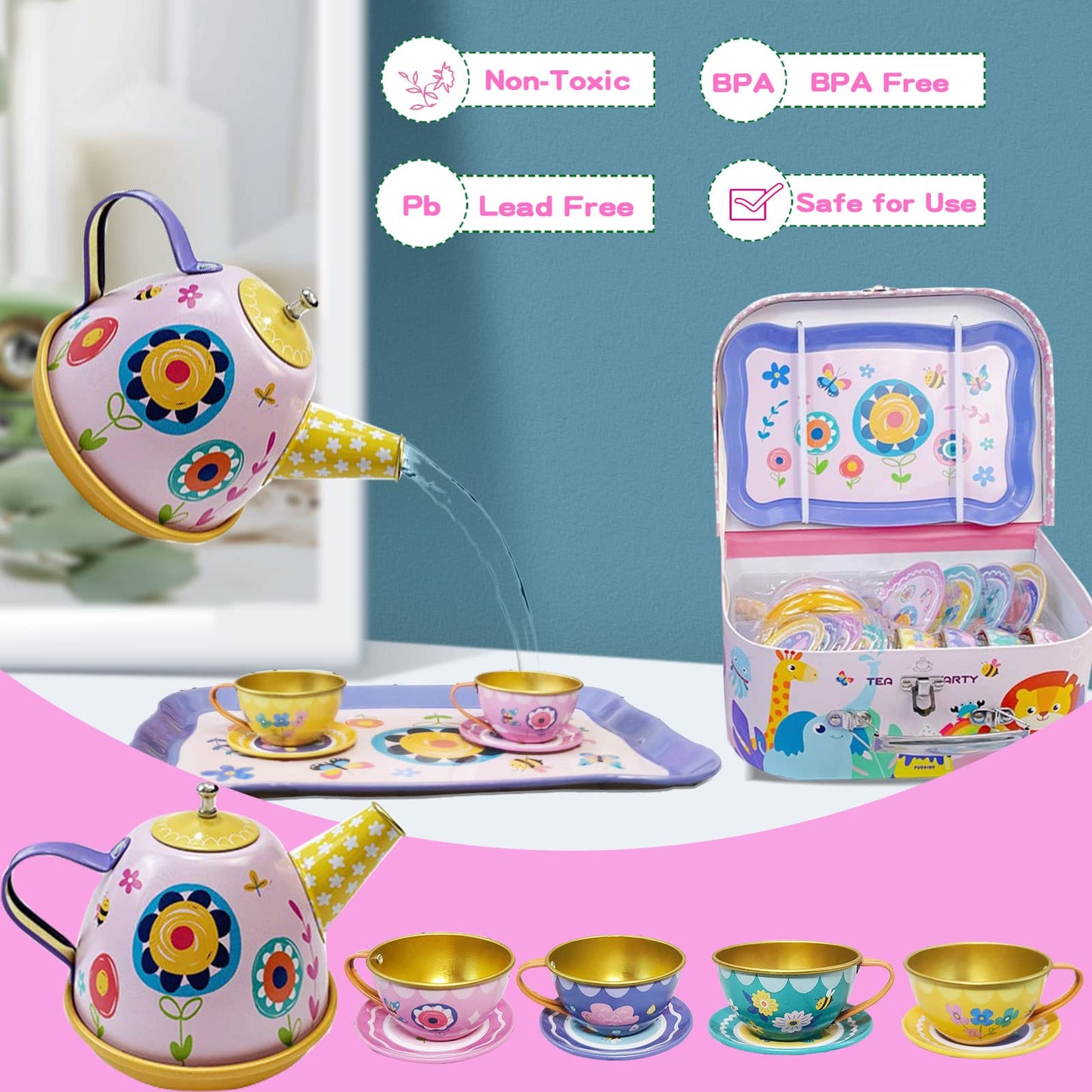 Hummigoo Tea Party Set For Little Girls, Pretend Dessert Food Set For Kids Age 3 4 5 6 7 8 9, Kids Kitchen Pretend Play Dessert