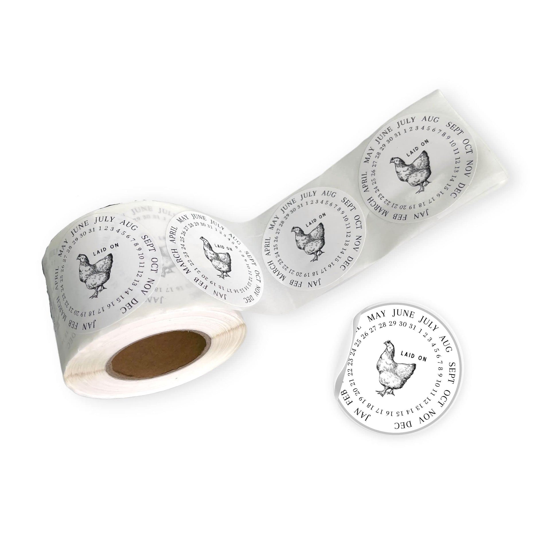 Eggs Laid On Date Stickers | 350 Pc Roll | 2 Round Stickers | Farm Fresh Stickers | Egg Carton Stickers | White with Chicken De