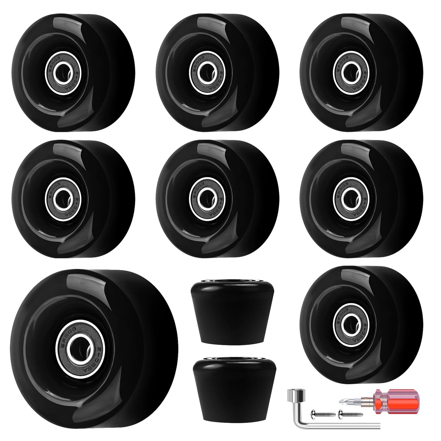 Nezylaf 8 Pack 32 x 58  82A Quad Roller Skate Wheels with Bearing Installed and 2 Toe Stoppers for Double Row Skating Replacment Accessories Suitable for Outdoor or Indoor