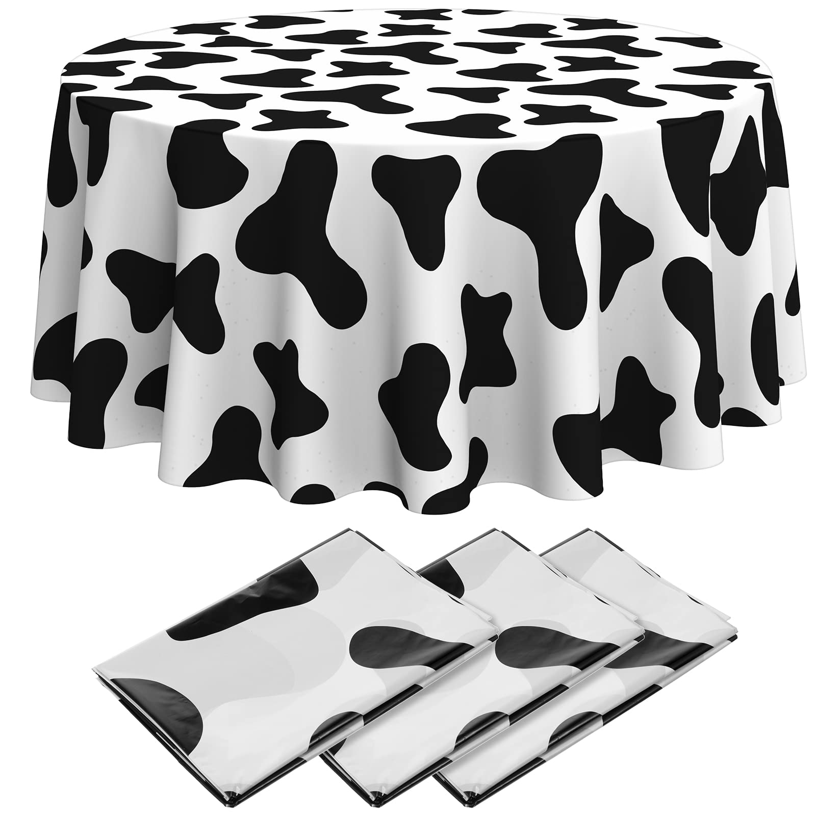 Remagr 3 Pcs Cow Tablecloth Round Print Table Cloths Plastic,84   Disposable Cow Themed Table Cover for Farm Animal Birthday P