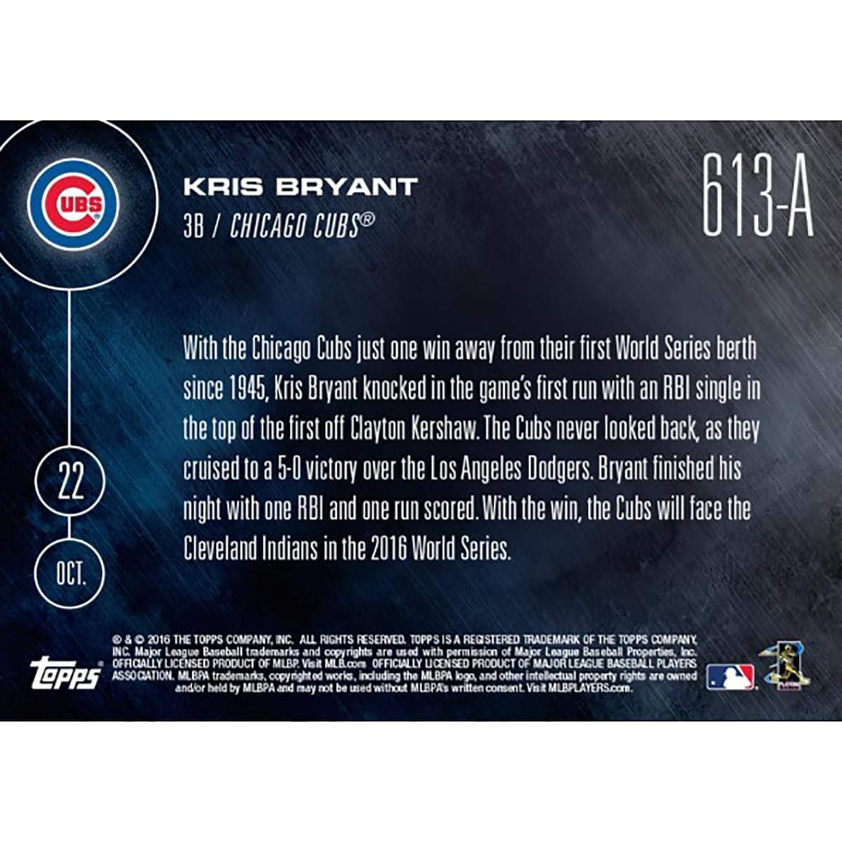 Mlb Chicago Cubs Kris Bryant #613A Topps Now Trading Card