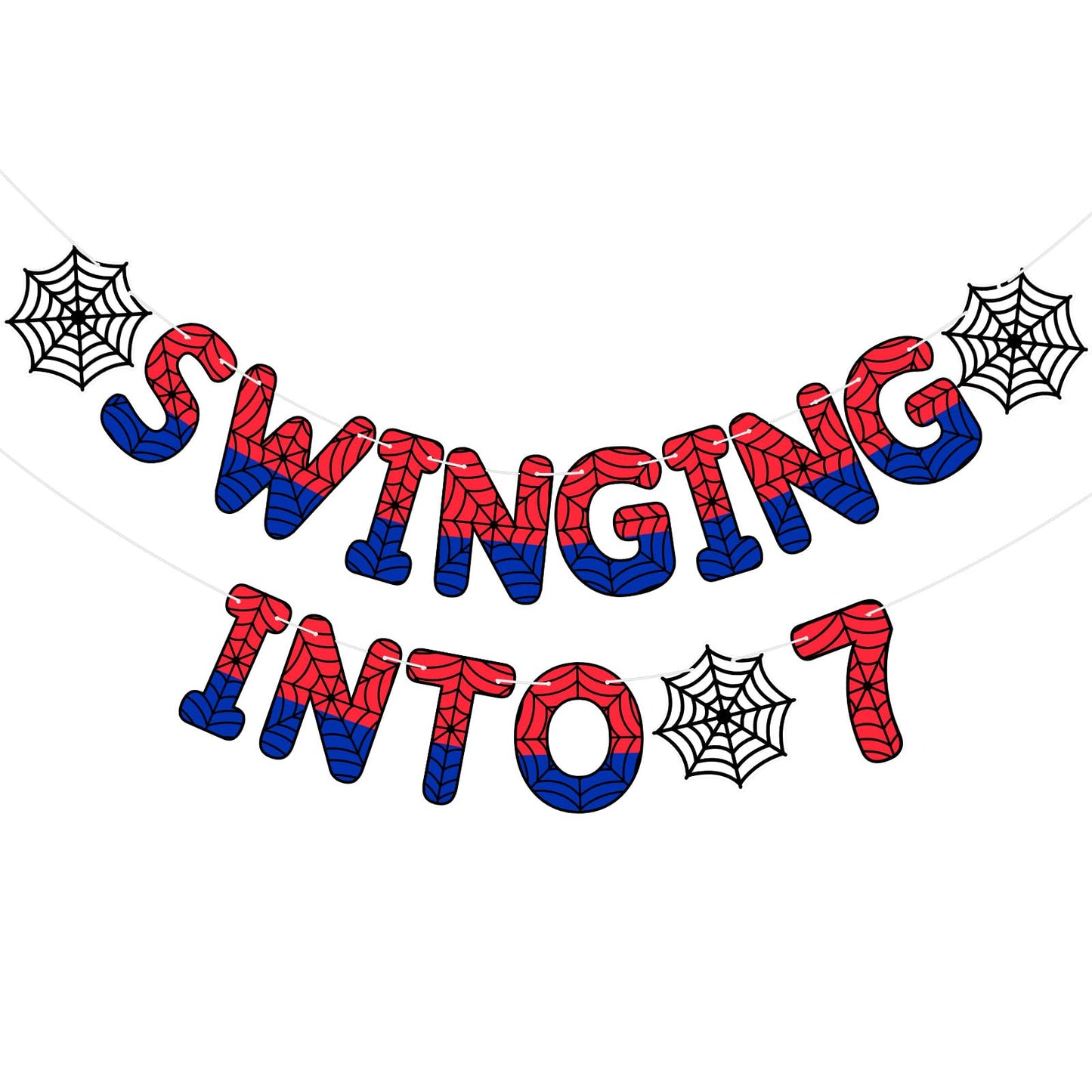 TaoBary Spider Theme 7th Birthday Banner, Pre-strung Swinging into 7 Banner, Spider 7th Birthday Decorations Party Supplies for 