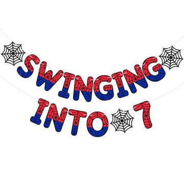 TaoBary Spider Theme 7th Birthday Banner, Pre-strung Swinging into 7 Banner, Spider 7th Birthday Decorations Party Supplies for 