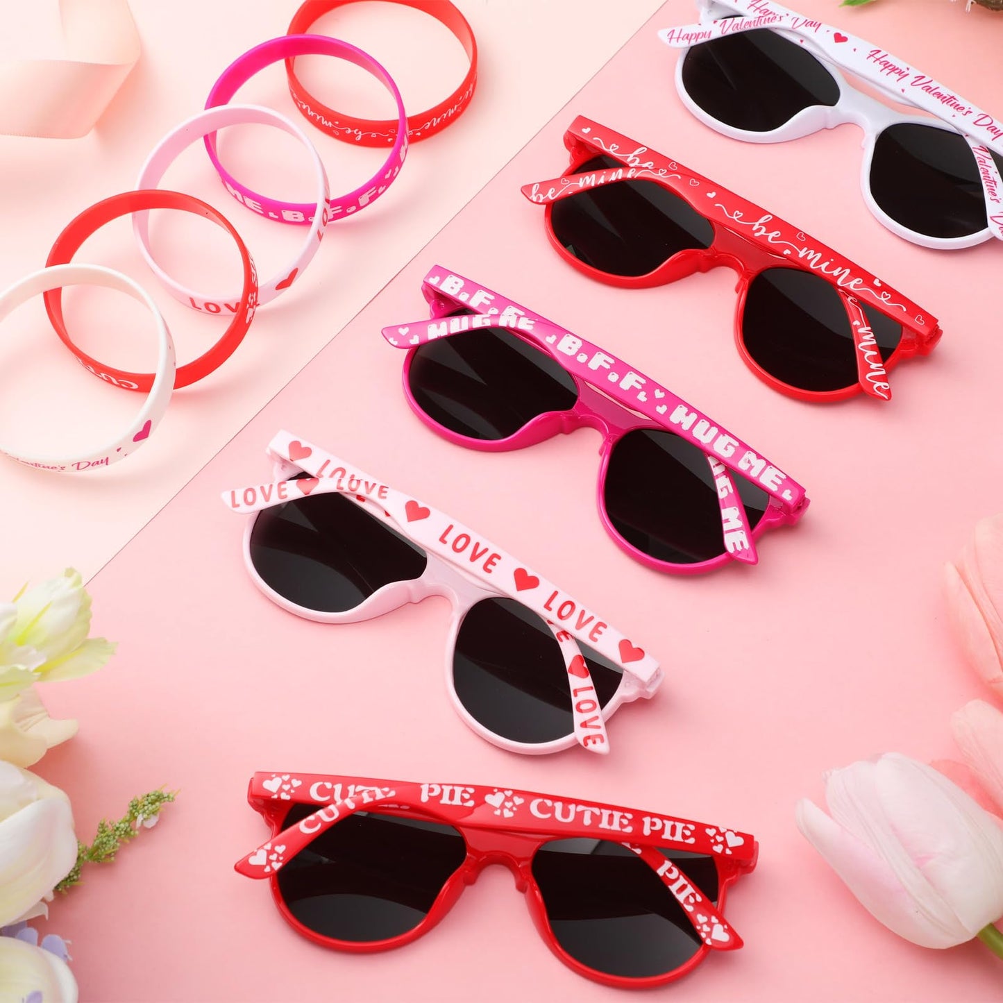 Soulchen 24 Pcs Valentines Day Gifts Bulk Pink and Red Sunglasses and Love Silicone Bracelet Galentines Day Party Favors Suppl