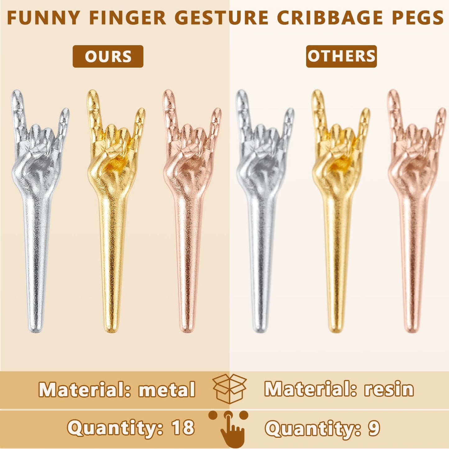 Jexine 18 Pcs Metal Cribbage Pegs Cribbage Board Pegs Fit 1/8 Holes Funny Finger Gesture Cribbage Pegs 3 Colors Unique Cribbage Pegs Toy for Game Accessories Cribbage Traditional Board Game (Rock)