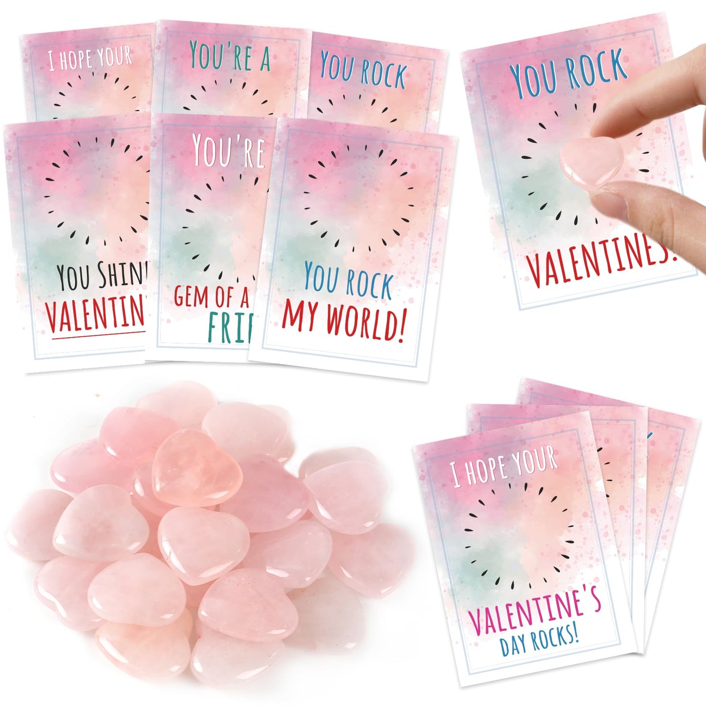 Valentines Day Gifts for Kids - 24 Pack Valentines Cards with Pink Heart Shaped Plastic Stones for Boys Girls Toddlers Valentine
