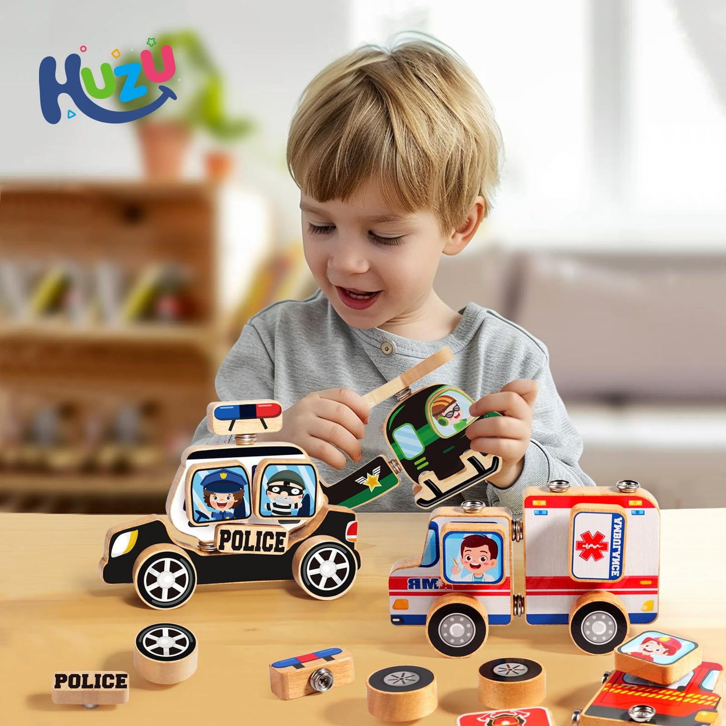 Huzu Emergency Vehicles 3D Puzzle Toy, Rescue Squad Wooden Snap Button Connection Building Blocks For Kids 3-8, Fire Truck Ambul