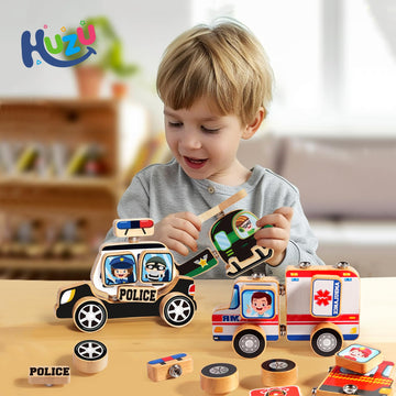 Huzu Emergency Vehicles 3D Puzzle Toy, Rescue Squad Wooden Snap Button Connection Building Blocks For Kids 3-8, Fire Truck Ambul