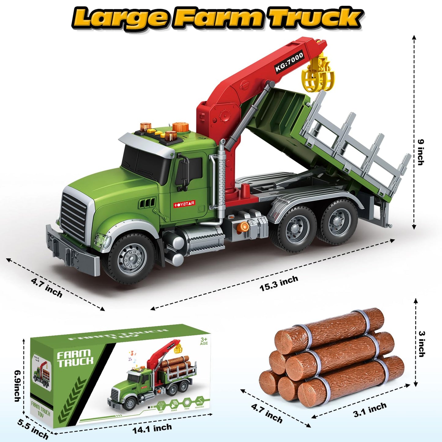 SpringFlower Toy for 3 4 5 6 Year Old Boys, Farm Truck Toy with Farm Trunk,Vehicle Timber Truck Toy with Loading Crane & Lights