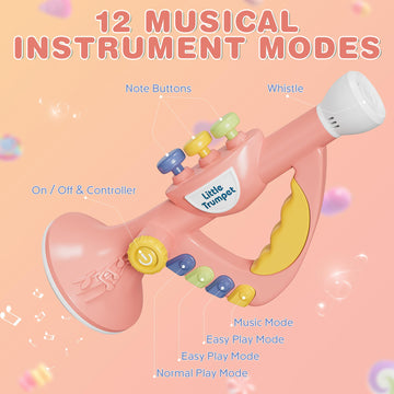 Contixo Kt2 Toddler Music Toys - Little Trumpet Toy,Baby Educational Toys, Kids Musical Instruments For Practice, Mini Trumpet With Light Effects, Adjustable Volume, Multiple Rhythms, Pink