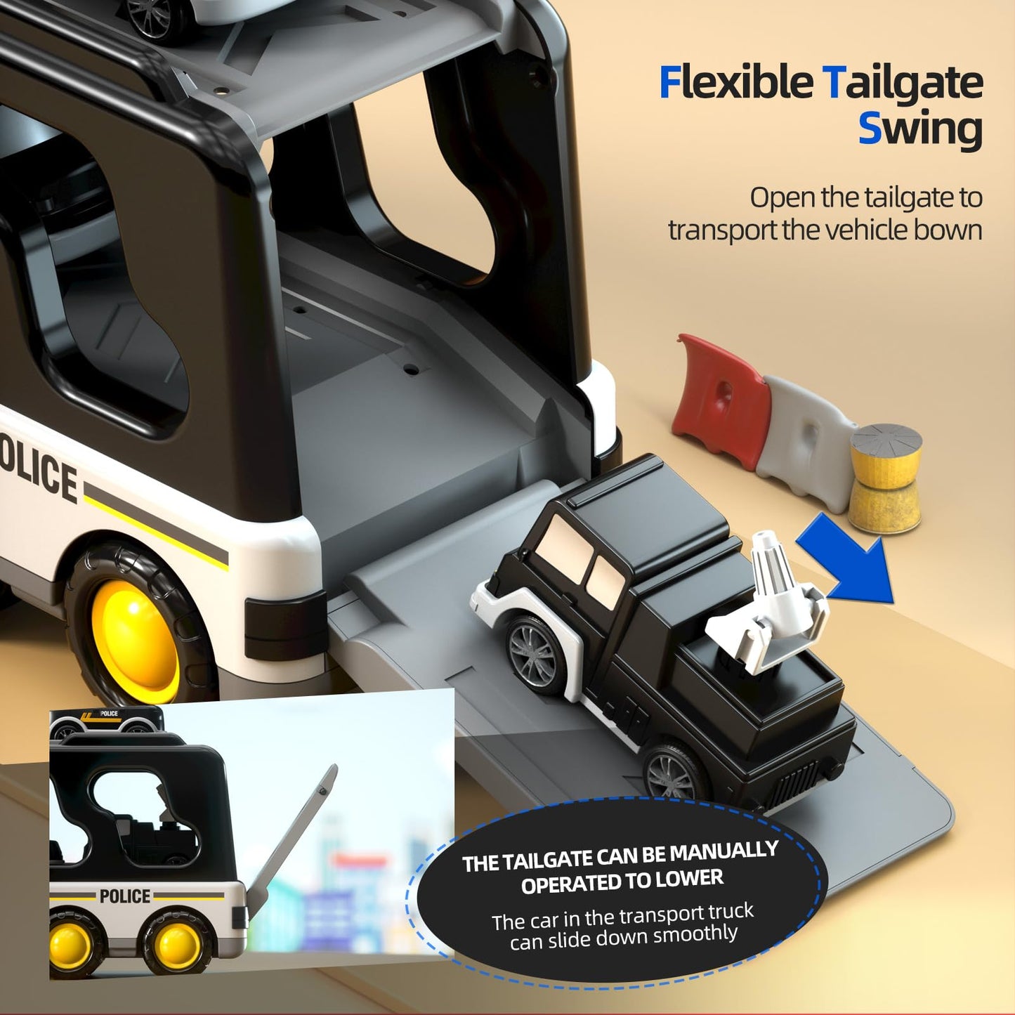 Beby Buty 5 in 1 Police Truck & Car Toys for Toddlers 3-5, Light & Sound, Birthday Gift for Boys 3-6 Years, Durable Plastic